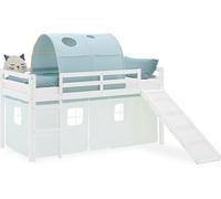 Lit mezzanine enfant 90x200 cm Blanc avec rideau & tunnel Vert Menthe | Toboggan | sans sommier