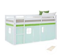 Lit mezzanine enfant 90x200 cm Blanc avec rideau Vert | avec sommier