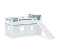 Lit superposé 90x200 cm avec Toboggan Lit mezzanine en Bois Pin Massif Lit d'enfant Cadre de Lit Rideau Vert