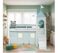 Lit superposé 90x200 cm avec Toboggan Lit mezzanine en Bois Pin Massif Lit d'enfant Cadre de Lit Rideau Tour Vert