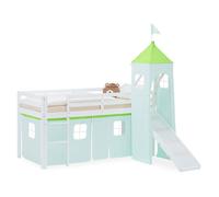 Lit superposé 90x200 cm avec Toboggan Lit mezzanine en Bois Pin Massif Lit d'enfant Cadre de Lit Rideau Tour Vert