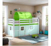 Homestyle4u Lit mezzanine 90x200 cm en pin massif avec sommier à lattes et rideau tunnel vert