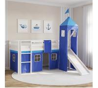 Lit mezzanine enfant 90x200 cm en bois blanc avec toboggan, tour et rideau bleu - Homestyle4u - Avec sommier inclus