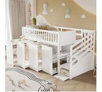 Lit Mezzanine enfant 90x200 cm,Lit Combiné avec Bureau, Armoire et Escalier de Rangement,Sécurité ,Sans Matelas,Pin + MDF,Blanc