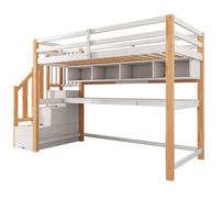 Lit Mezzanine enfant 90x200 cm - Lit Combiné avec Bureau et Étagères, Bois Naturel, Écologique, Sans Matelas