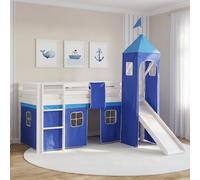 Lit mezzanine enfant 90x200 cm pin massif blanc toboggan tour rideau Homestyle4u