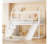 Lit mezzanine enfant 90x200cm, avec toboggan, échelle rangement, garde-corps surélevés, avec sommier lattes, blanc
