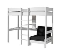 Vipack Lit mezzanine Pino – pin laqué blanc, tablette écritoire et fauteuil-lit