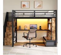 Lit Mezzanine Enfant Métal 140x200 cm, Escalier à Rangement, 2 Tiroirs, Bureau d’Étude et Éclairage LED Intégré O.Ye LIT MEZZANINE