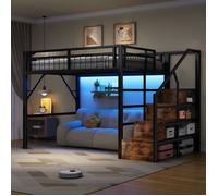 Lit mezzanine enfant métal 140x200 cm Lit adulte Lit double avec éclairage LED escalier de rangement et sommier à lattes - noir