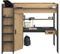 Lit Mezzanine Enfant PARISOT HIGH, 90 x 200 cm, Chêne Artisan et Gris Ombre, Sommier Inclus, Avec Bureau et Armoire