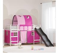 Lit mezzanine enfant - vidaXL - 90x200 cm - Blanc et Rose - Acier robuste - Toboggan intégré - Rideaux inclus