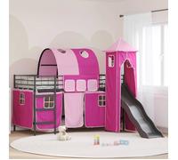 Lit mezzanine enfant - vidaXL - Noir et Rose - Métal robuste - Toboggan intégré - Tour de jeu - Rideaux pour intimité