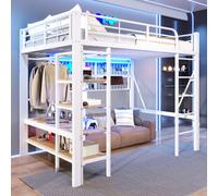 Lit mezzanine fonctionnel MODFU 140 x 200 cm avec compartiment de rangement et filet suspendu, lit pour adolescent avec bande lumineuse LED, cadre de lit avec tringle à vêtements et espace de rangemen