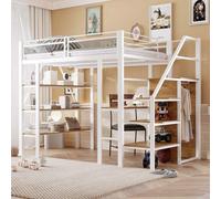 Lit mezzanine Fortuna Lai 140*200 cm, étagère à trois niveaux, bureau, armoire, marches de sécurité avec compartiment de rangement, barrière haute, lit en fer, lit simple, blanc