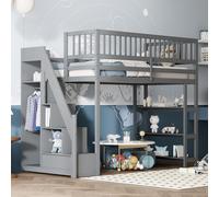 Lit mezzanine Fortuna Lai 90 x 200, armoire haute sécurisée avec penderie, étagères et espace de rangement avec échelle d'escalade sécurisée, lit multifonctionnel en bois, lit enfant, lit simple, gris