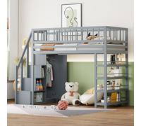 Lit mezzanine Fortuna Lai 90 x 200, conception sécurisée avec barrière haute, armoire, étagères et espace de rangement, échelle d'escalade sécurisée, lit multifonctionnel, lit en bois massif, gris