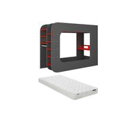 Lit mezzanine gamer 90 x 200 cm - Avec bureau et rangements - Avec LEDs - Anthracite et rouge + matelas - WARRIOR
