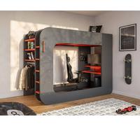 Lit mezzanine gamer 90 x 200 cm - Avec bureau et rangements - Avec LEDs - Anthracite et rouge - WARRIOR