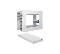 Lit mezzanine gamer 90 x 200 cm - Avec bureau et rangements - Avec LEDs - Blanc et anthracite + Matelas - WARRIOR