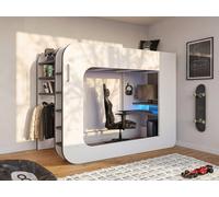 Lit mezzanine gamer 90 x 200 cm - Avec bureau et rangements - Avec LEDs ? Blanc et anthracite - WARRIOR