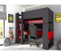 Lit mezzanine gamer NOAH avec bureau et rangements intégrés - 90 x 200 cm - Avec LEDs - Anthracite et rouge + matelas