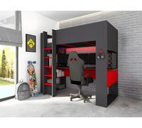 Lit mezzanine gamer NOAH avec bureau et rangements intégrés - 90 x 200 cm - Avec LEDs - Anthracite et rouge