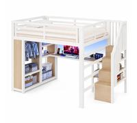 Lit mezzanine gaming 140 x 200 cm en métal blanc avec bureau et LED