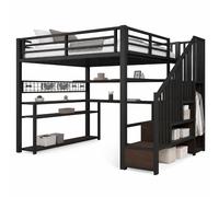 Lit mezzanine gaming 140 x 200 cm noir avec LED, bureau et armoire