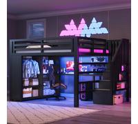 Lit mezzanine gaming 140x200 cm avec bureau, armoire ouverte, escalier de rangement, éclairage LED et port USB, métal, noir