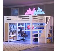 Lit mezzanine gaming 140x200 cm avec bureau, armoire ouverte, escalier de rangement, éclairage LED et port USB, métal, blanc