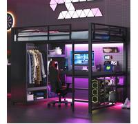 Lit mezzanine gaming 140x200 cm en métal avec LED, bureau, penderie ouverte - noir, sans matelas
