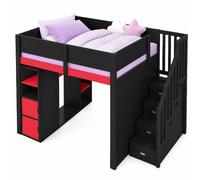 Lit mezzanine gaming 140x200 cm noir et rouge avec bureau LED