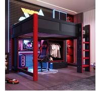 Lit mezzanine gaming 140x200 cm pour adolescent, bureau intégré, éclairage LED, armoire et tiroirs, couleur noir et r LIT MEZZANINE