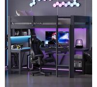 Lit mezzanine gaming 90x200 cm avec bureau, éclairage LED, 2 prises électriques, 2 ports USB, étagères et barrière anti-chute, bois, gris