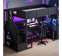 Lit mezzanine gaming 90x200 cm avec bureau, escalier de rangement, éclairage LED, port USB et compartiment de rangement, bois, noir