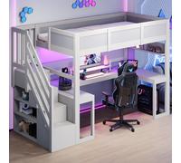 Lit mezzanine gaming 90x200 cm avec bureau, escalier de rangement, éclairage LED, port USB et compartiment de rangement, bois, blanc