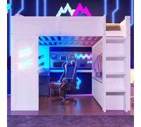 Lit mezzanine Gaming avec bureau, éclairage LED, connexions USB & Type-C, séchoir à linge intégré, échelle & tiroir, blanc, 140x200 cm