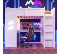 Lit mezzanine Gaming avec bureau, éclairage LED, connexions USB & Type-C, séchoir à linge intégré, échelle & tiroir, blanc, 90x200 cm
