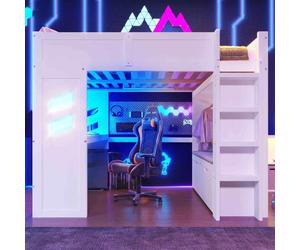 Lit mezzanine Gaming avec bureau, éclairage LED, connexions USB & Type-C, séchoir à linge intégré, échelle & tiroir, blanc, 140x200 cm