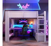 Lit mezzanine Gaming avec LED, bureau, tiroirs et étagères inclus, idéal pour la chambre d'enfant, gain de place, sans matelas, blanc, 140x200 cm
