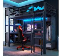 Lit Mezzanine Gaming Noir 90x200 cm avec Bureau, Armoire, Rangements, Éclairage LED, Prises EU et Garde-Corps Haute Sécurité
