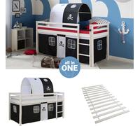 Lit mezzanine Homestyle4u 90 x 200 cm avec sommier à lattes, rideau tunnel noir, lit d'enfant blanc en pin massif, thème pirate, lit pour garçon, lit pour adolescent