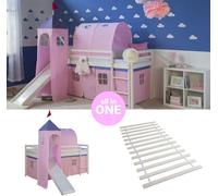 Lit mezzanine Homestyle4u 90 x 200 cm avec toboggan, tour, tunnel, sommier à lattes et rideau - Lit pour fille rose, lit d'enfant blanc en pin massif, lit pour adolescent, lit ludique