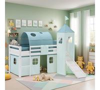 Lit mezzanine Homestyle4u 90 x 200 cm pour enfants, blanc, avec toboggan et tunnel, ensemble comprenant un matelas OEKO-TEX® Standard 100, rideau, tunnel et tour, vert, lit blanc pour enfants, lit lud
