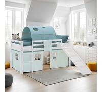 Lit mezzanine Homestyle4u 90 x 200 cm pour enfants, blanc, avec toboggan, rideau et tunnel, lit de jeu pour enfants, sommier à lattes