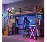 Lit mezzanine - LANGTU - 90x200 cm - LED télécommandé - Échelle de rangement - Penderie intégrée