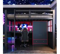 Lit mezzanine, lit enfant, 90 x 200 cm, avec échelle, table, armoire et tiroirs, lit simple style gamer, noir et rouge