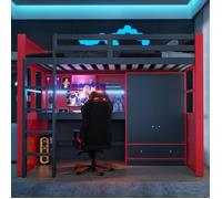 Lit mezzanine, lit enfant, 90 x 200 cm, avec échelle, table, armoire et tiroirs, lit simple style gamer, rouge et noir