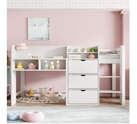 Lit mezzanine Lit mi-haut 90x200 cm, forme maison, rangements, espace jeu, blanc